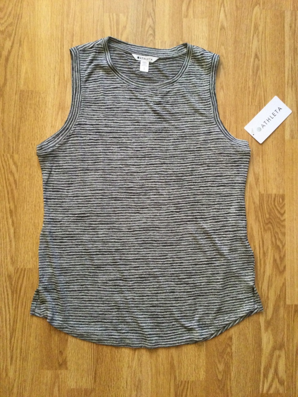 AHLETHA  Breezy Tank Top  L  Striped Charcoal Black White NWT Linen Like Fabric